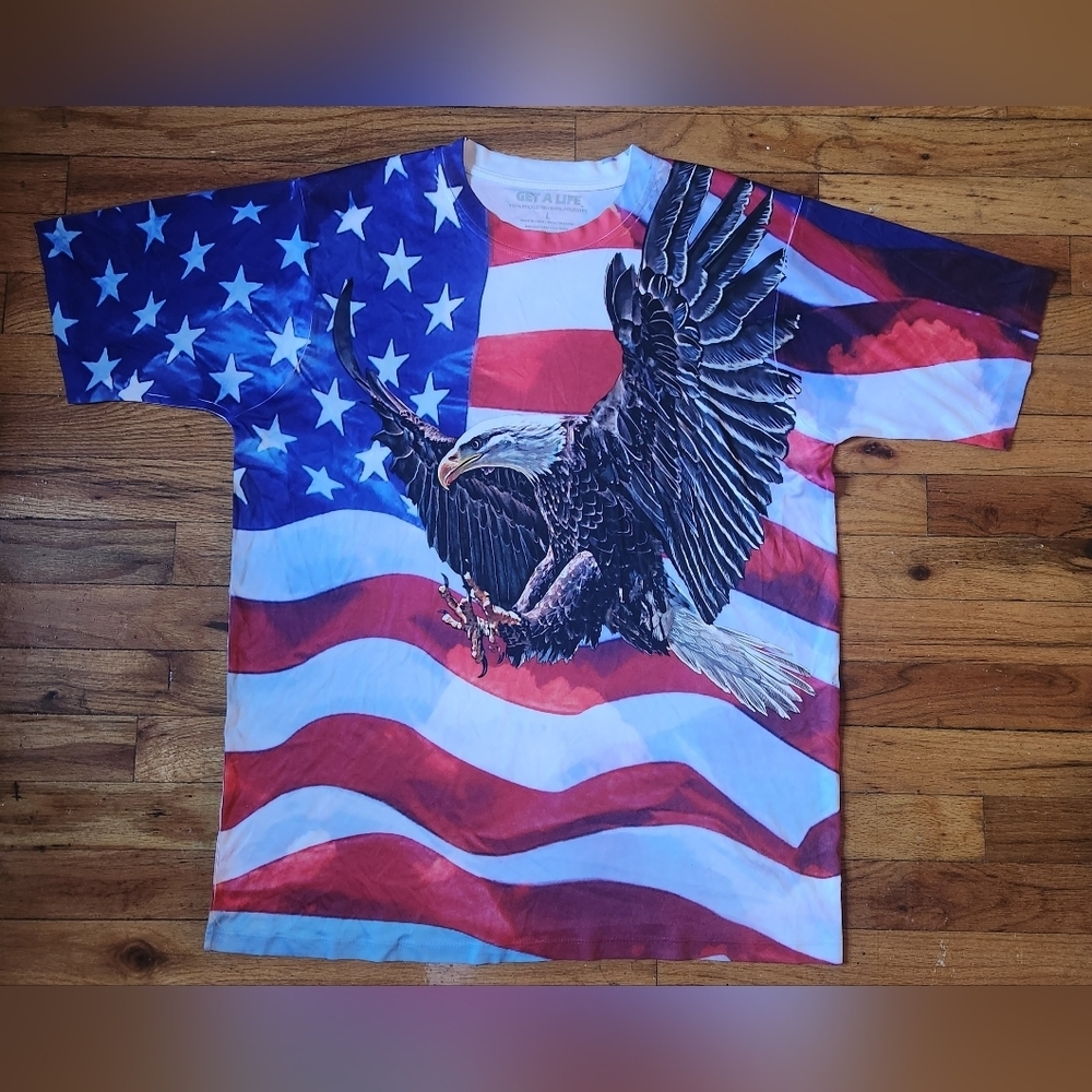 Get A Life American Eagle T-Shirt American Flag All Over Print Double Si…